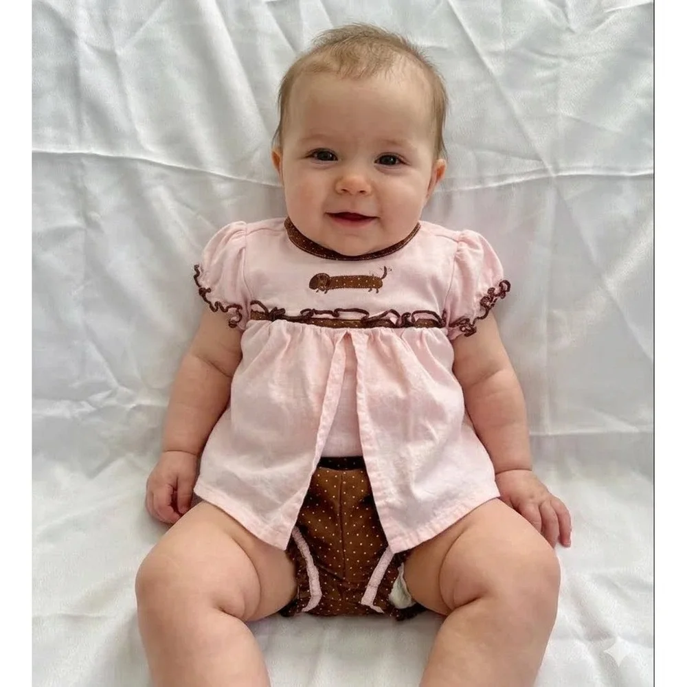 VTG Gymboree Baby Girl Pink Brown Dachshund Dog Polka Dot Bloomer Set 0-3 Months